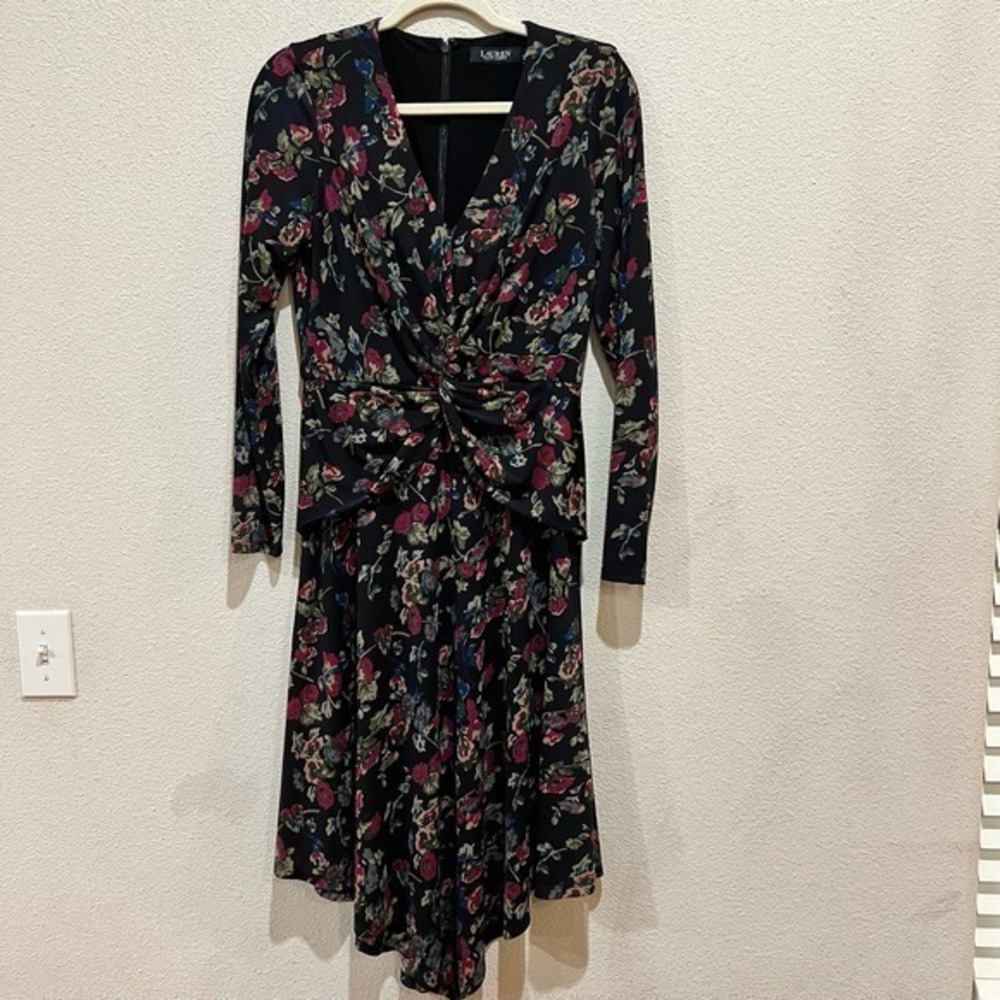 Lauren Ralph Lauren Black Floral Twist Front V Neck Long Sleeve Midi Dress SZ‎ 6